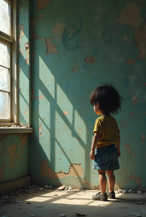 Narrator:**  
   "ren playing in parks, laughter echoing through school corridors…"  
   **Prompt:** "Close-up of an abandoned school with rens drawings on peeling walls."