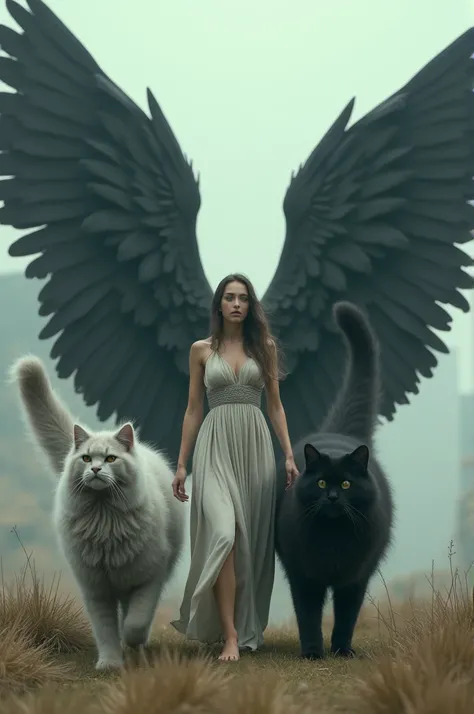 A woman in dress walks with 2 very large angora cats winged and colored in black and ash abh