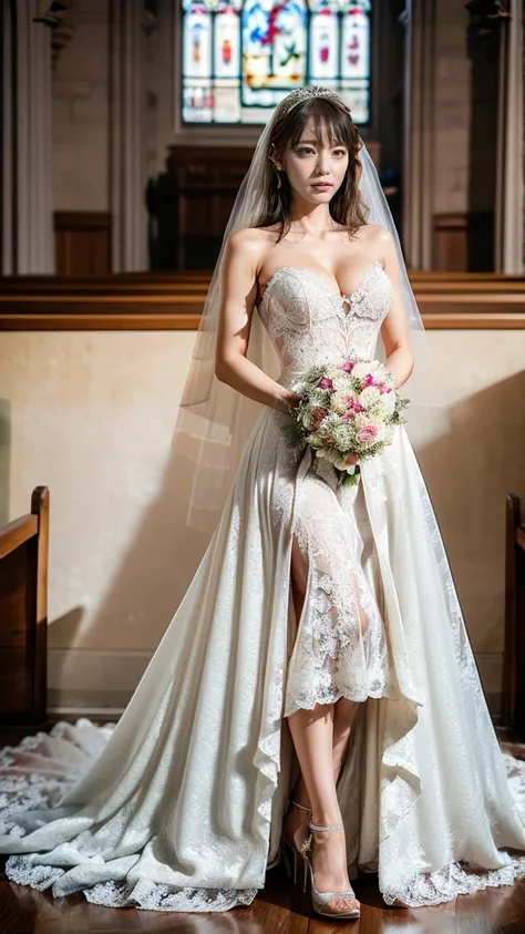 A beautiful young Japanese woman, 26 years old, with healthy thighs, beautiful legs, flawless skin, random hair color and style, large breasts, wearing a (wedding dress:1.3), (she is standing:1.2), full body shot, high heels, holding a bouquet in her hands...