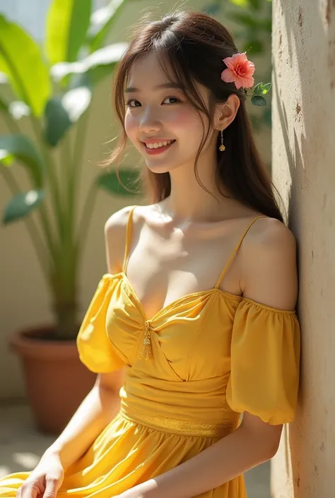 Beautiful korean girl wears metallic yellow short dres , with broad leaf motif widow sitting  whit gaya ,smile,leaning on wall beside got vas flower so big  photo full body image hdr 75k realsitis real clear high-quality 