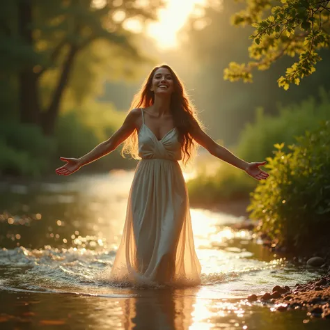 A beautiful woman with flowing, luscious hair is walking along a serene river bank. She is radiantly happy, with a bright smile on her face, and her arms are spread wide open as if embracing the world. The sunlight filters through the trees, casting a warm...