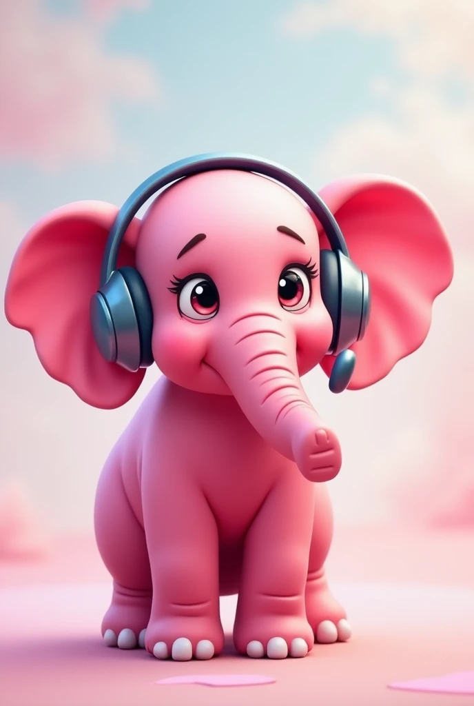 A cute pink elephant is wearing a headset, frowning and covering his ears