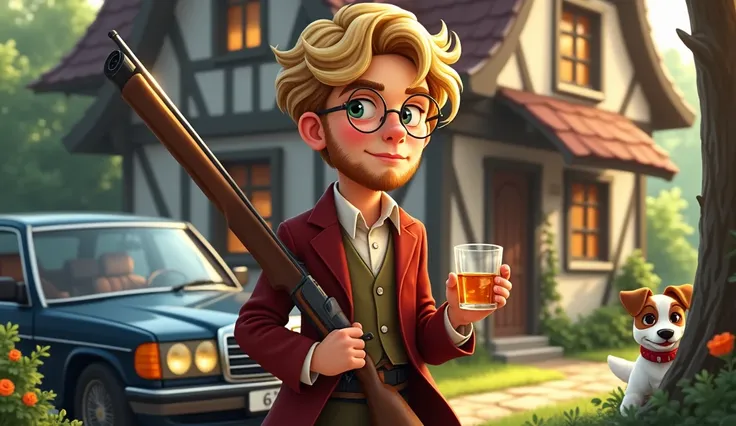 Charming nice 20 year old elegant blonde with beard with round gold-rimmed glasses. W jednej ręce trzyma strzelbę a w drugiej whisky. Dom z muru pruskiego i czarny  Mercedes w124. pies jack russell terier. Cartoon fairy tale style picture  