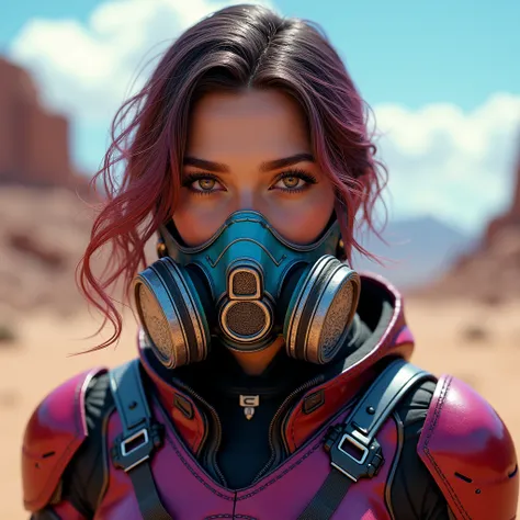  Beautiful, stoic female Guardian of the Galaxy, with a worn, metallic respirator mask covering her mouth, in a stunning 8K resolution concept art portrait. Her head and shoulders are set against a desolate, hyperrealistic wasteland backdrop, with vibrant,...