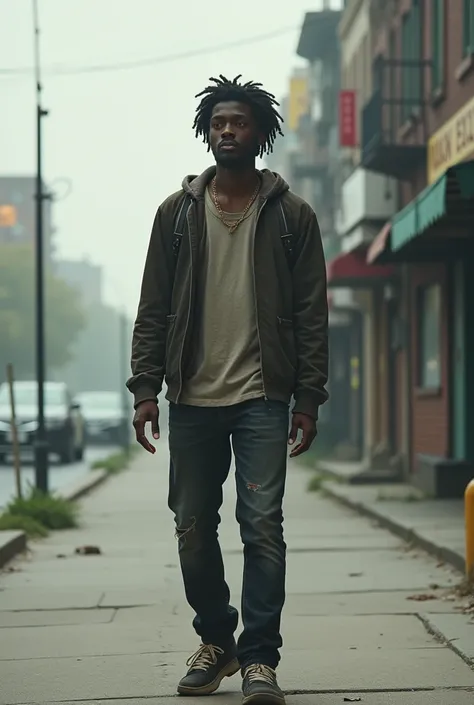 Young black man on a flat sidewalk wishing and calling prostitutes