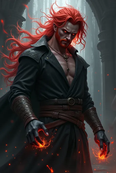 redhead male necromancer casting a dark spell halfshot