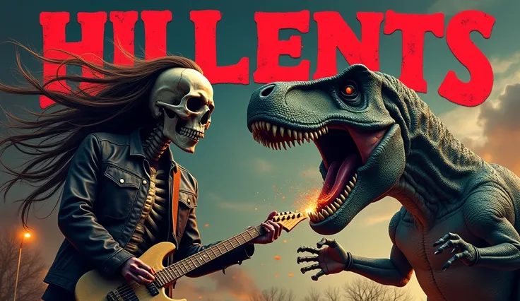 A skeleton with a long hair and a skull head fighting a tyrannosaurus rex, a guitarist rock man in a leather jacket. The name of the rock band "HILENTS" will be added to the top of the image in a unique red color and in a large font.