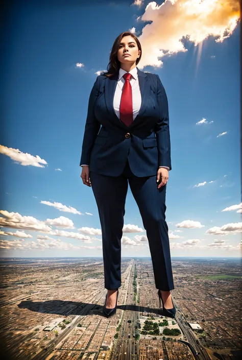 Giantess art, 100 miles tall giga giantess, sophisticated and stylish woman in a navy blue italian pinstriped trouser suit, form fitting crisp white office shirt, and a large wide crimson necktie in a windsor knot, with a beautiful, curvaceous figure, larg...