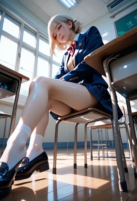 1 girl,sitting in classroom,wearing schoolgirl suit,from below