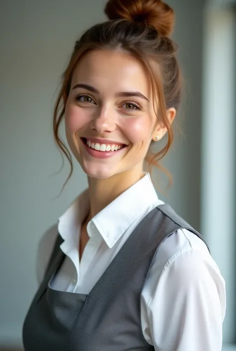 brown hair woman, white blouse, gray uniform , happy