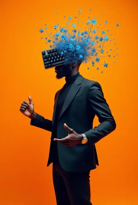  black man in a full body suit orange photo studio background , Him in celebration movement ,  the part of the head formed by keyboard and computer mouse blue leaves and flowers on the faceless head