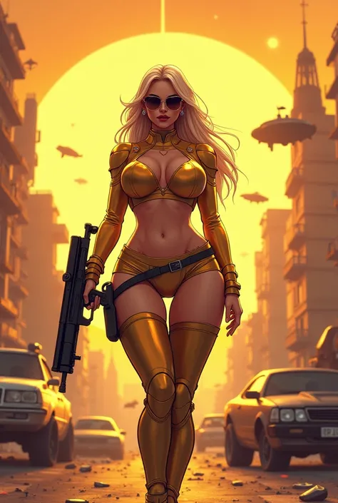  sports car, high quality cartoon cg wallpaper, proportional world collapsing, golden woman (, with a gun, a huge chest, a crop top, a futuristic world soldier, wearing sunglasses )  Background image with city in scrap, with old robot cars, anime style, al...