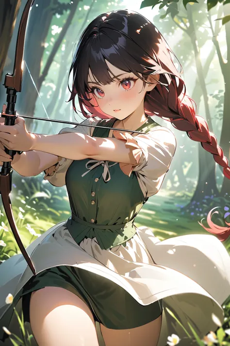 1 girl, (focused face), young adult, long braided hair, (dressed in a nature-themed outfit featuring a flowing skirt), medium breasts, slender, (drawing a bow with precision),  
   BREAK  
   lush forest clearing filled with vibrant flowers, (eyes narrowed...