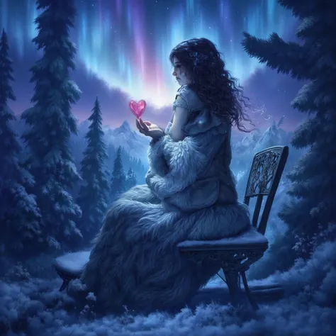 The girl holds the Northern Lights So Beautiful That it shimmers in her hands ,  The girl herself Beautiful and Sexy Bright curly hair is long that goes down to the ground, Dressed in a Beautiful Fur Dress with Down Upholstery Large voluminous dress ,  Bac...