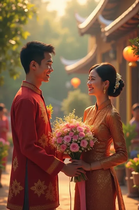 Wedding, Myanmar couple smiling and happy, Burmese man in his 30s who is sad with his back to the couple. He was holding a bouquet of flowers in his hand.