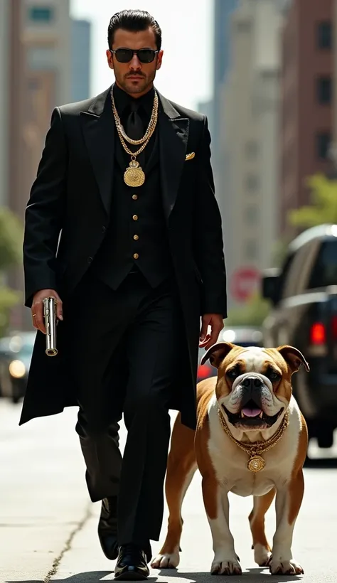 The luxury gangster, with his slicked-back hair and tailored black suit, strides confidently through the city, exuding charisma and power. Adorned in diamond chains and a fedora, he commands attention as his designer sunglasses reflect the world around him...