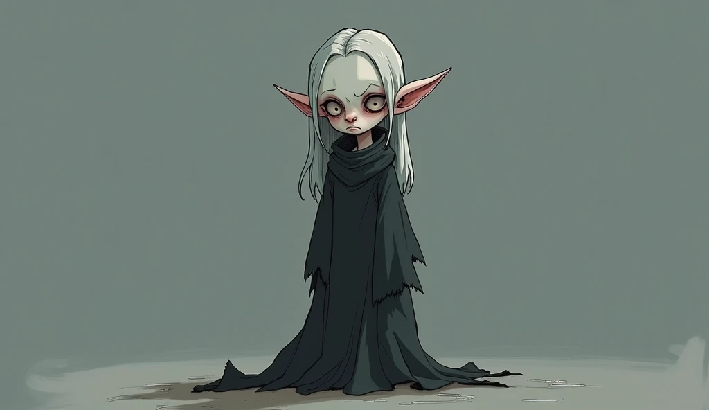 A sad,bitter, thin ,tall cartoon elf ( pale skin, sharp features, long gray hair, and a tattered black robe.