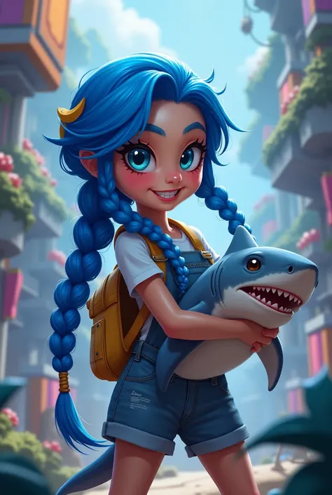 Baby girl  blue hair long braids jinx league of legends  shark pet 