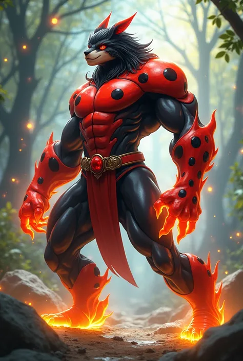 Create legendary ladybug warrior legs and arms in bright colors, tender but strong with animal face