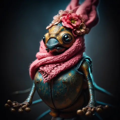 floral beetle wearing a (long:1.2) pink (scarf:1.3), a beetle with arms and a head, (dark shot:1.17), epic realistic, faded, ((neutral colors)), art, (hdr:1.5), (muted colors:1.2), hyperdetailed, (artstation:1.5), cinematic, warm lights, dramatic light, (i...