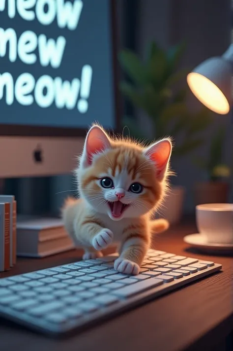 💡  

Suggestion: A little fluffy kitten with floppy ears and an excited expression runs across a computer keyboard. His little paws haphazardly press the keys, and the computer screen lights up in the background with the word "meow meow meow!" typed in a p...