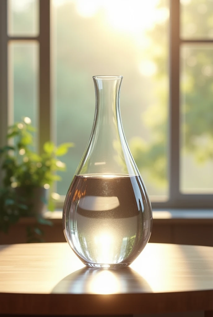 Glass vase filled with fresh natural water ,  on a table in front of a window giving it the suns rays.  hyper realistic . 