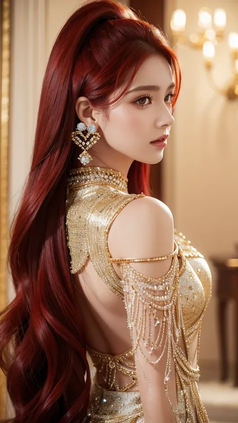 1 girl,  High definition ,  long hair ,   Realistic anatomy ,  better quality , Accuracy, HD model,  red hair,  Crystal earrings, slim,  Beautiful, god,  elegant clothes 