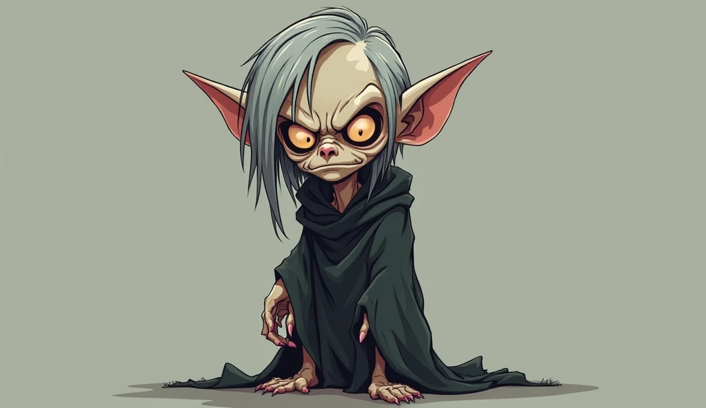 A angry,bitter, thin ,tall cartoon elf ( pale skin, sharp features, long gray hair, and a tattered black robe.