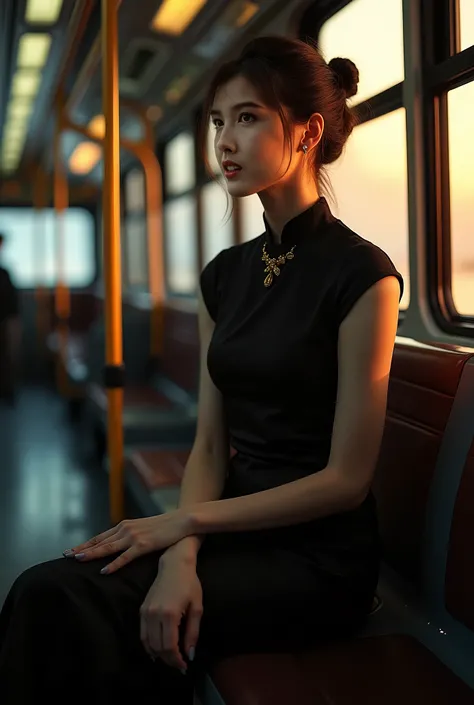 East Asians wear bright black cheongsam，Seated full body ，Delicate facial features，  Portrait Photography Masterpiece ，Black and white， Master Composition 。 Ultra HD Resolution 。
 scene atmosphere ， on the bus in the evening ， sitting on a graceful girl， g...