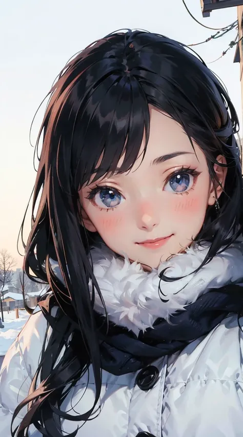 1girl, Yor,SPYXfamily,wearing winter clothes,smiling,cute, beautiful eyes,looking at me blushing,cold outdoor,winter background ,intricate_details_xl,Classic Anime Style SDLX 