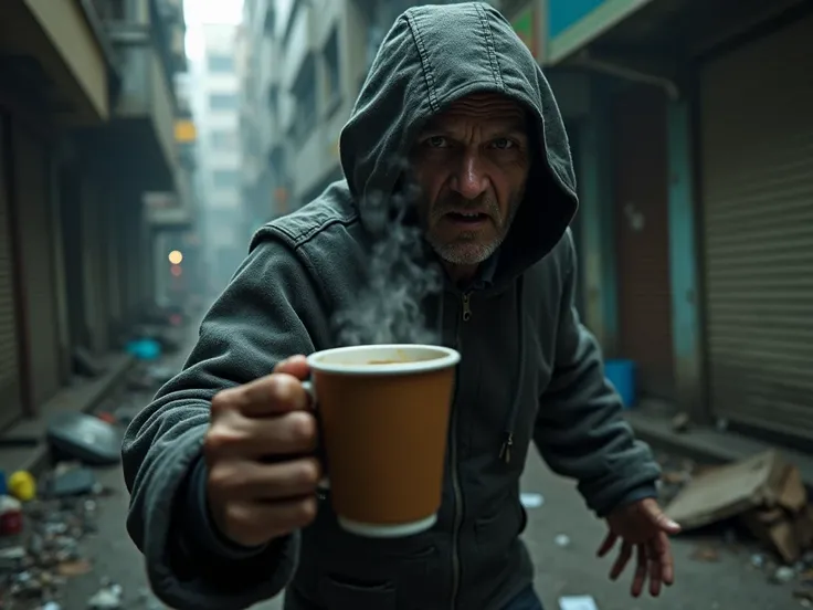 create me a picture of a thief that is addicted to drugs and he is stealing coffe!