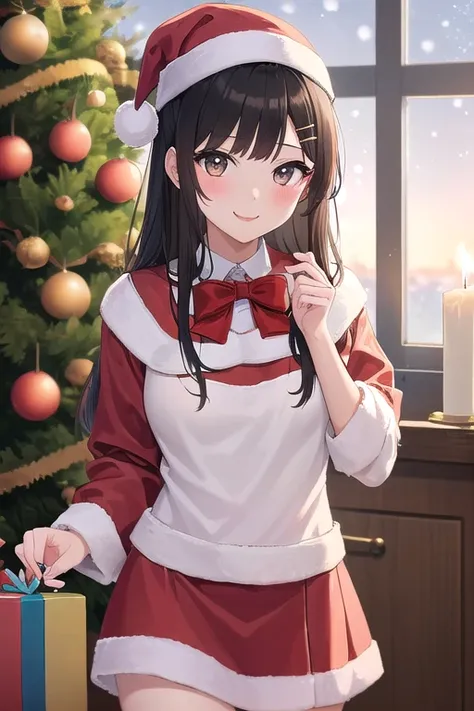 ((top quality)), ((masterpiece)), (Details),  1 girl。blunt bangs。Cute hair clip。smile。(elementary school student)。Santa costume。 Christmas Party。 small breasts。 Christmas Cake。To a lit candle、Sexy Breath。