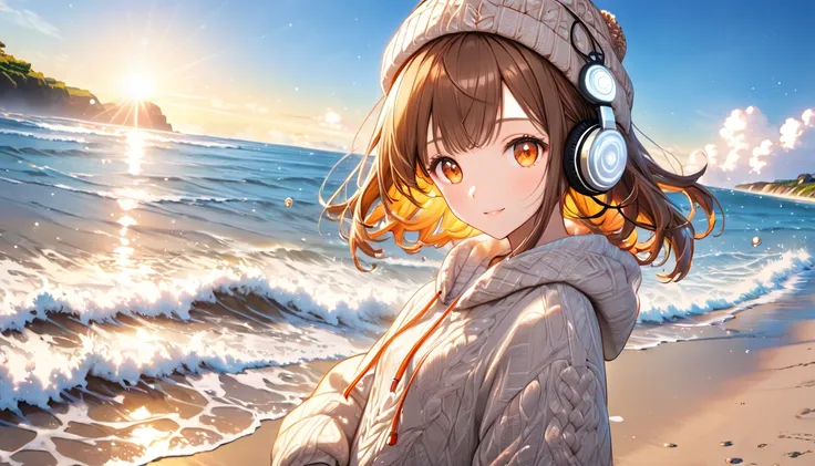 background：Quiet coast in the morning 、 waves gently hit。  
expression： has a gentle smile 。  
Costume： knitted hat and fluffy sweater 。  
 pose： at a slightly backward angle 、Standing on the shore。  
scene：( brown-haired girl with headphones), ( enjoying ...