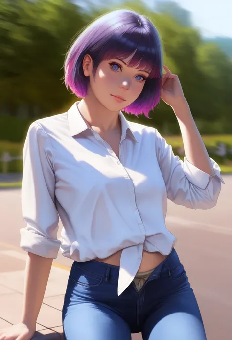 a cute girl with purple hair, light blue eyes, short hair, wearing a shirt and jeans, grey underwear visible, clothes are rolled up, (best quality,4k,8k,highres,masterpiece:1.2),ultra-detailed,(realistic,photorealistic,photo-realistic:1.37),detailed facial...