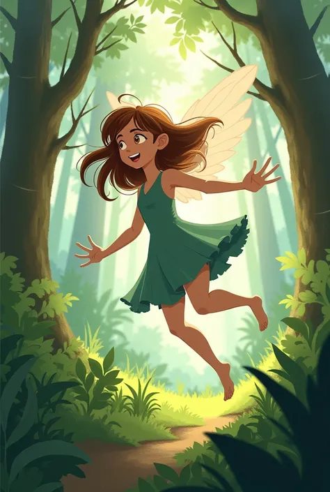  Create an illustration of a  character, fly away,  brown hair ,  fair skin , without wings, with various expressions and doing various things in the forest 