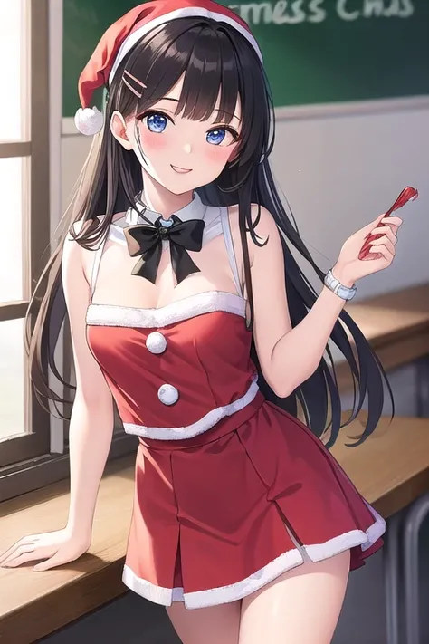 ((top quality)), ((masterpiece)), (Details),  1 girl。blunt bangs。Cute hair clip。smile。(elementary school student)。Santa costume。 Christmas Party。 small breasts。 roll up the skirt。