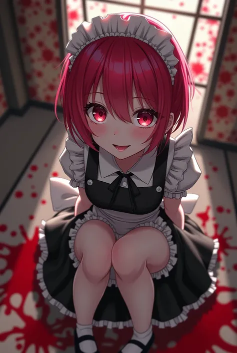  higher quality ,  very detailed, masterpiece,  anime style .  A girl ( short red hair, pink eyes)  she is dressed in a black and white maids uniform, Wearing sexy tights with legue, With a psychopathic look, a psychopathic smile, with the bloody scenery, ...