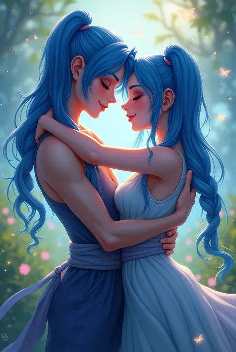 A girl and a boy have blue light hair, the girl has long braids, they are hugging, Jinx League of Legends, wedding
