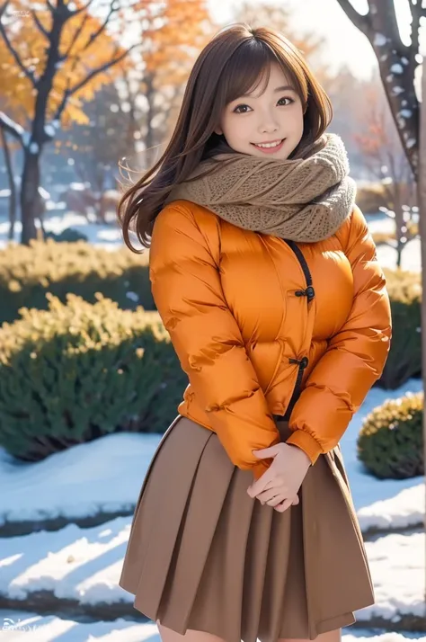 (8k, RAW photo, photorealistic, HQ, masterpiece), a cute Japanese girl,(glowing eyes), 
(light smile), brown hair, fluffy Pixie Bob hair, large breasts, curvy, (Scarf, orange down jacket, tight long skirt), 
standing pose, Seductive pose, (winter nature pa...