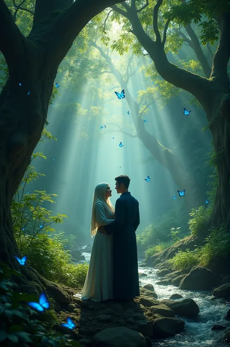 A muslim couple view back in a deep jungle with more crystile tree with wonderful dramatic lighting some blue butterfly flow. Photo should be 8k resulation