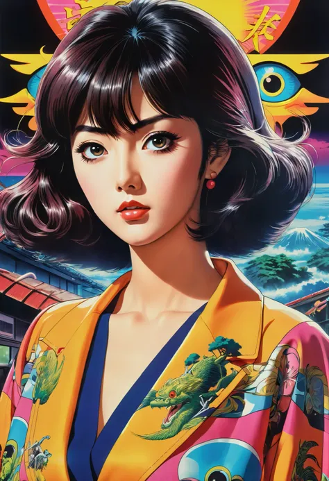 A retro anime-style poster featuring a manga character, 1980s comic art, 1970s Japanese TV show monster, detailed digital painting, vibrant colors, dynamic composition, dramatic lighting, vintage aesthetics, (best quality,4k,8k,highres,masterpiece:1.2),ult...