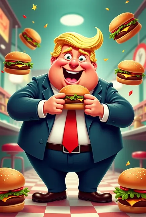 CG cartoon of overweight Donald Trump happy,  eating hamburgers, a 1950s diner background