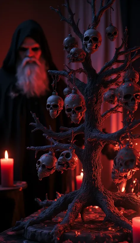 Horror Christmas, Christmas tree but instead of Christmas baubles there are small skulls hanging