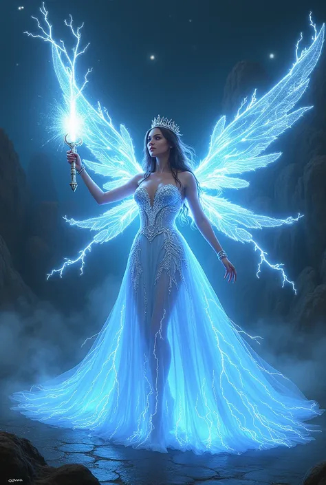 Night view hot princess electric dress with lighting wings like electric and she is lifting a power full electric weapon 