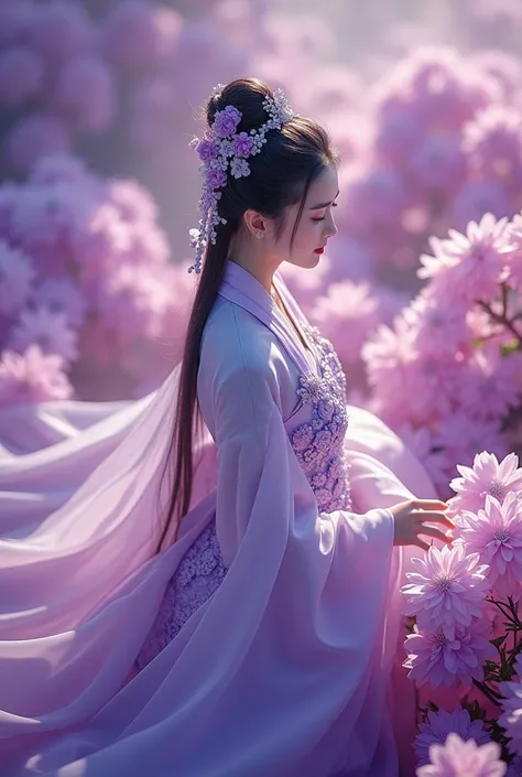 A girl koeran Extreme Wide Shot,aerial perspective,top-down view,grand scale,central subject,woman in hanfu bridal gown,hanfu petals are covered around,intricate crystal floral patterns,ethereal purple Color flower sea backdrop,dreamlike ambiance,vibrant p...