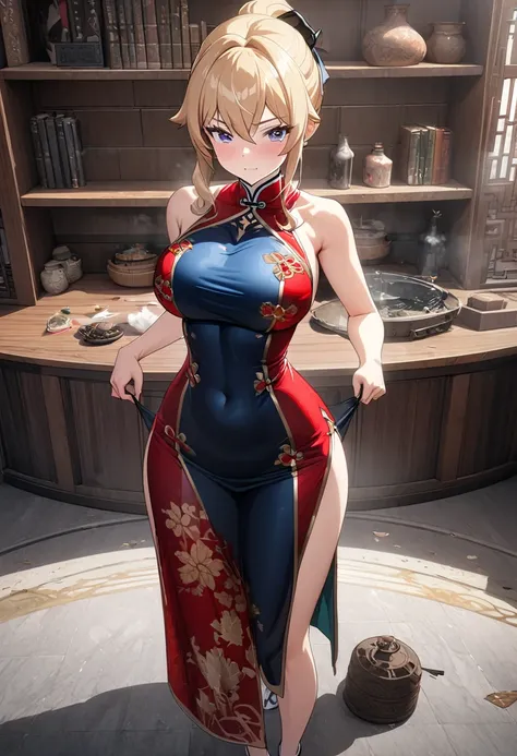 8k, masterpiece, best quality, ultra detailed, Ultra-high resolution, Highly detailed CG, break, 1girl, jean(genshin impact), kawaii, nsfw, big breasts, slender, (Cheongsam:1.2), full body, indoors, standing
