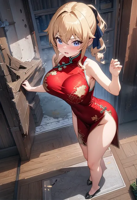 8k, masterpiece, best quality, ultra detailed, Ultra-high resolution, Highly detailed CG, break, 1girl, jean(genshin impact), kawaii, nsfw, big breasts, slender, (Cheongsam:1.2), full body, indoors, standing
