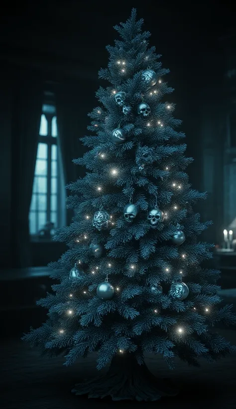 realistic horror christmas, christmas tree, small skulls hanging, dark fantasy, spooky, eerie, moody lighting, dark colors, cinematic, highly detailed, 8k, photorealistic, dramatic shadows, cold atmosphere, grim, ominous, unsettling, twisted, gloomy, creep...