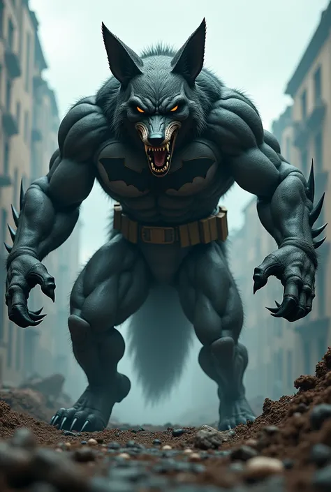 Create an ultra-realistic 9:16 image of a giant, angry hybrid monster that combines the features of Batman and the fox from the previous image. The creature must have the distinct characteristics of both, mixing their unique traits in a powerful and intens...