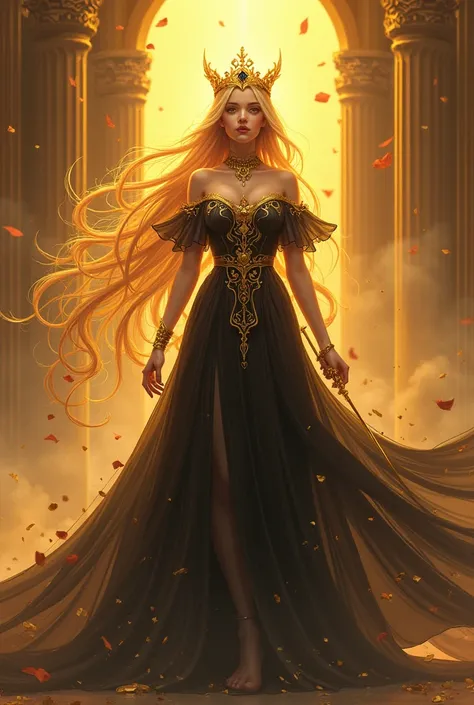 Anime style. Goddess of emotions. Golden skin and hair. Black dress. Golden crown. Golden throne behind her. Holding a golden dagger. 